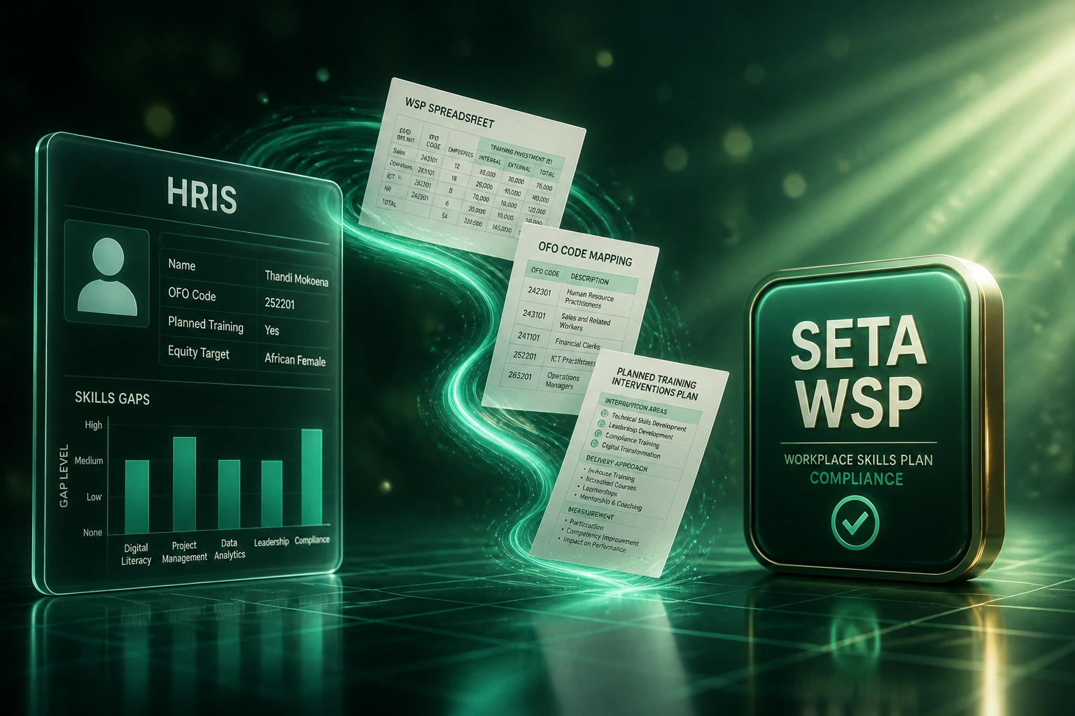 A glass HRIS panel with employee and OFO fields beside a glossy SETA WSP compliance badge, linked by WSP spreadsheet and planned-training documents on an emerald ribbon