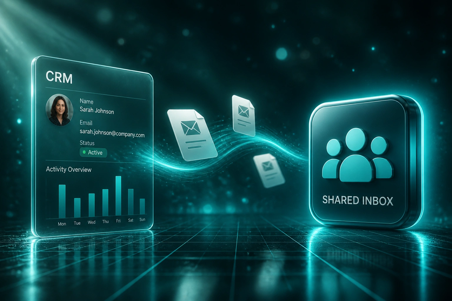 A CRM glass panel and a shared team inbox badge connected by a stream of email documents, illustrating collaborative inbox management