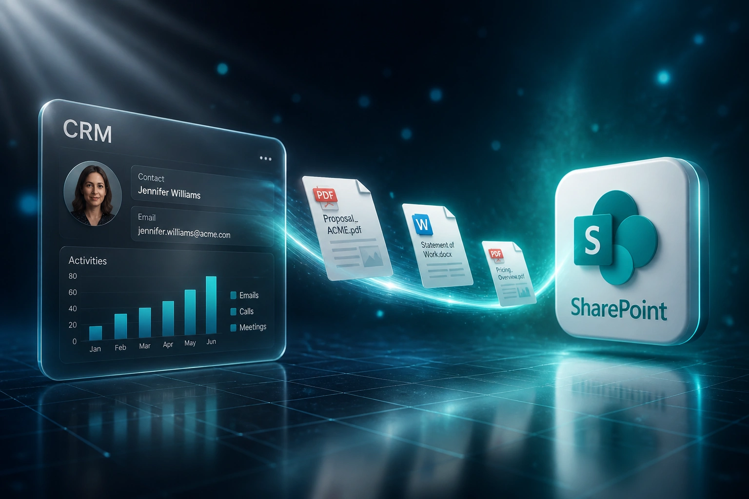 A glass CRM panel connected by an S-curved ribbon of documents to a glossy SharePoint logo badge, illustrating SharePoint to CRM document sync