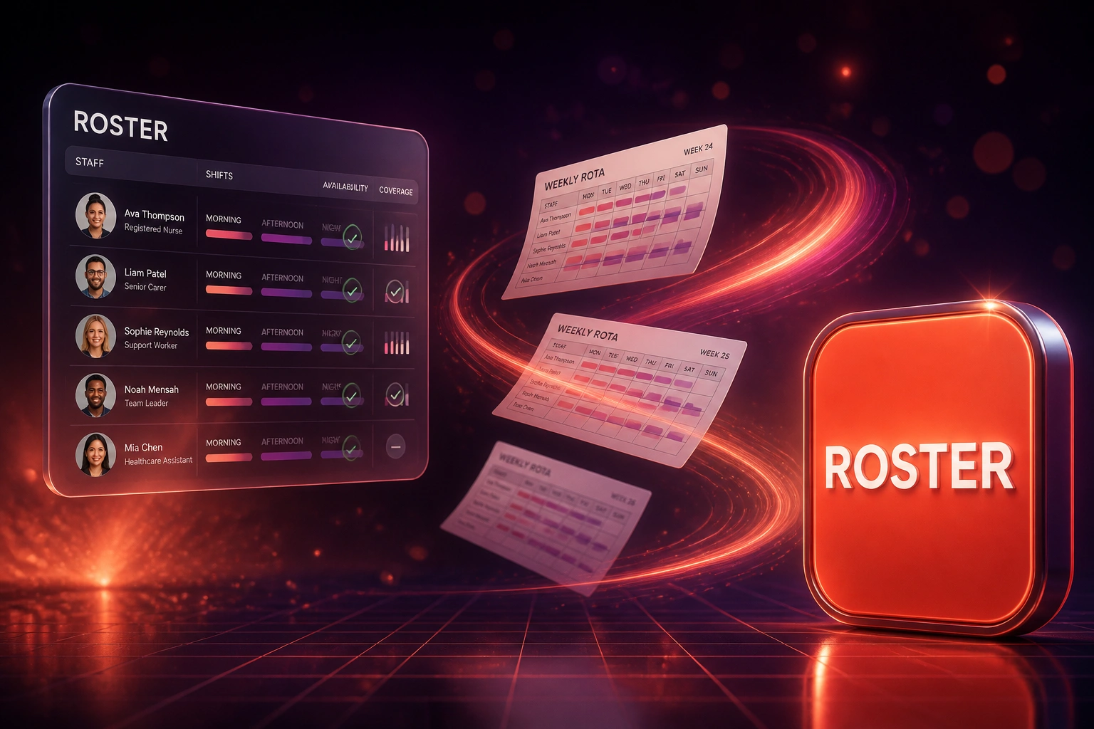 A glass Roster panel and a coral ROSTER badge linked by a plum-lit ribbon of weekly rota sheets, illustrating a full shift roster management system