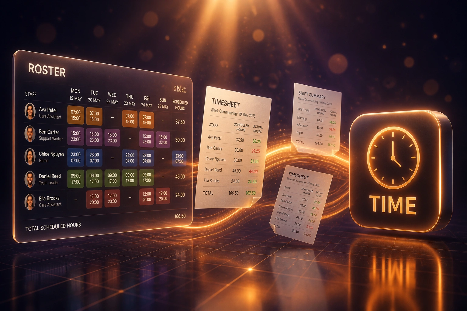 A glass Roster panel and a glossy TIME clock badge connected by an amber ribbon of timesheets, illustrating scheduled versus actual hours integration