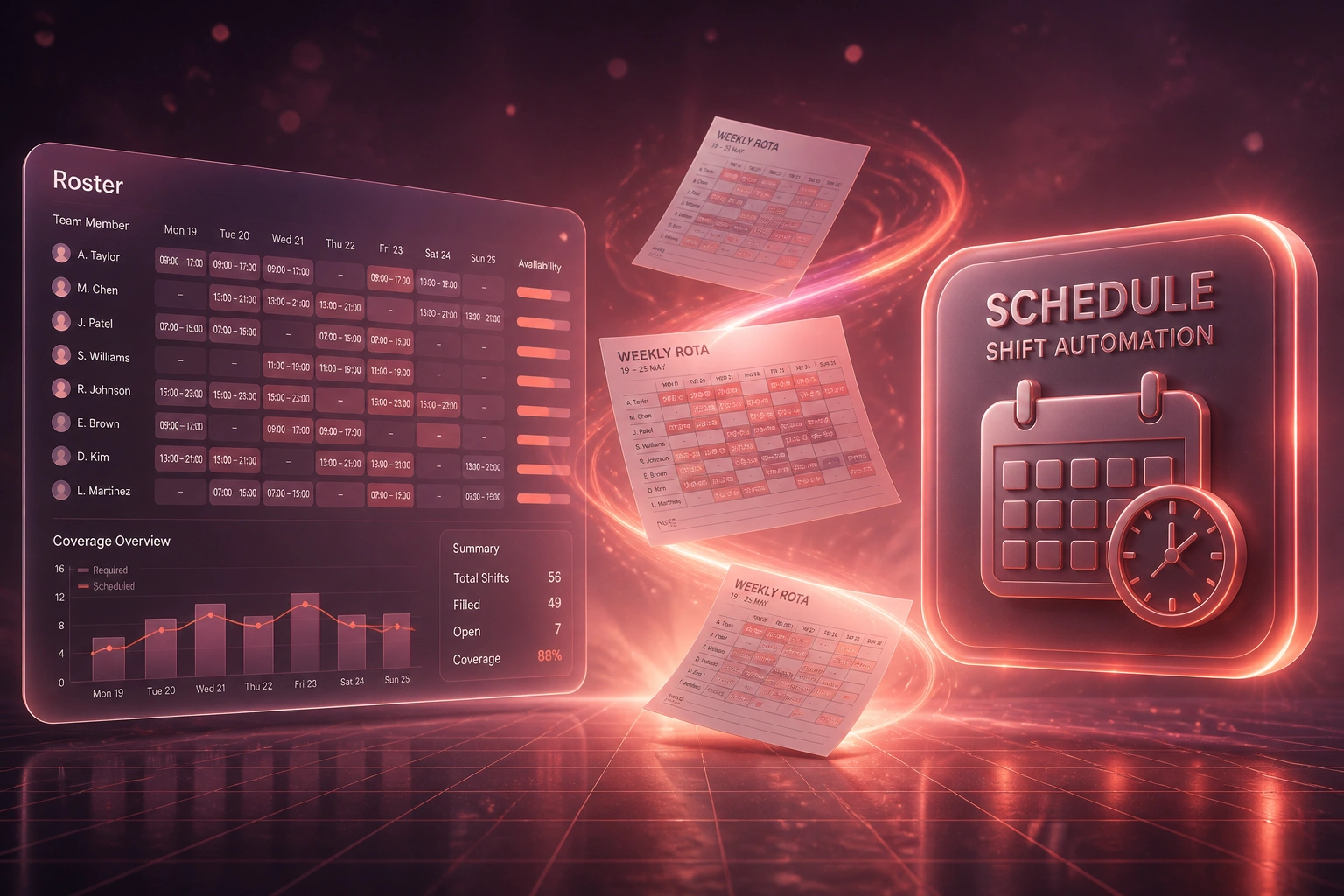 A glass Roster panel and a glossy Schedule badge connected by a coral ribbon of weekly rota sheets, illustrating automated shift scheduling