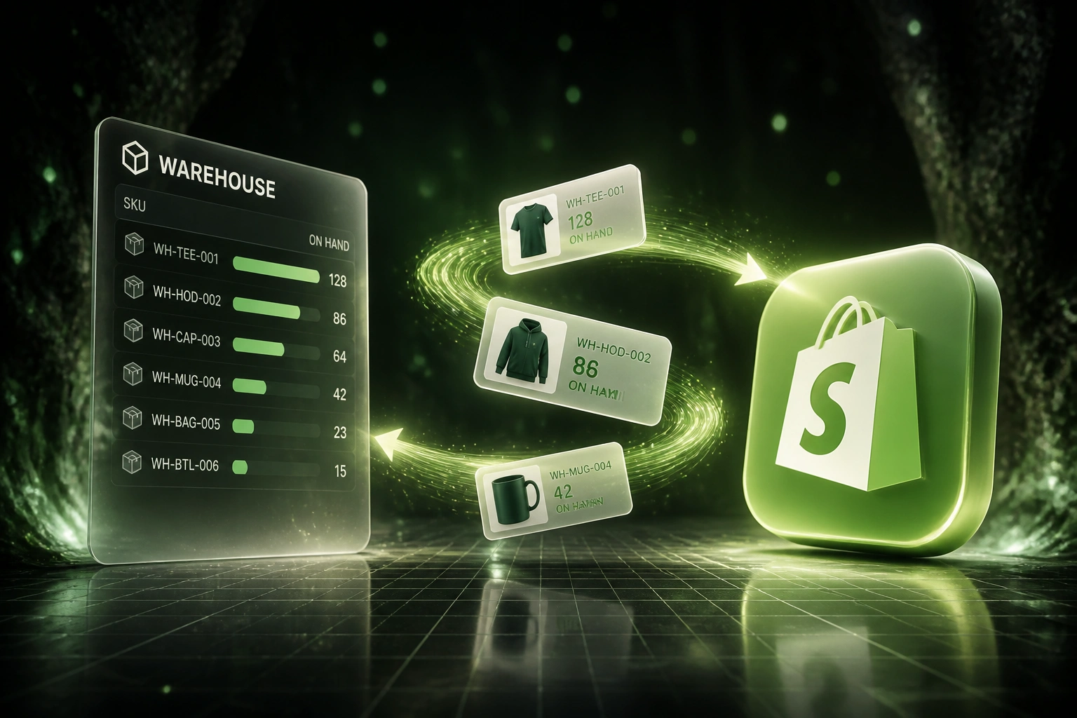 A warehouse stock panel and the Shopify logo connected by a flowing stream of SKU cards, illustrating bidirectional inventory sync