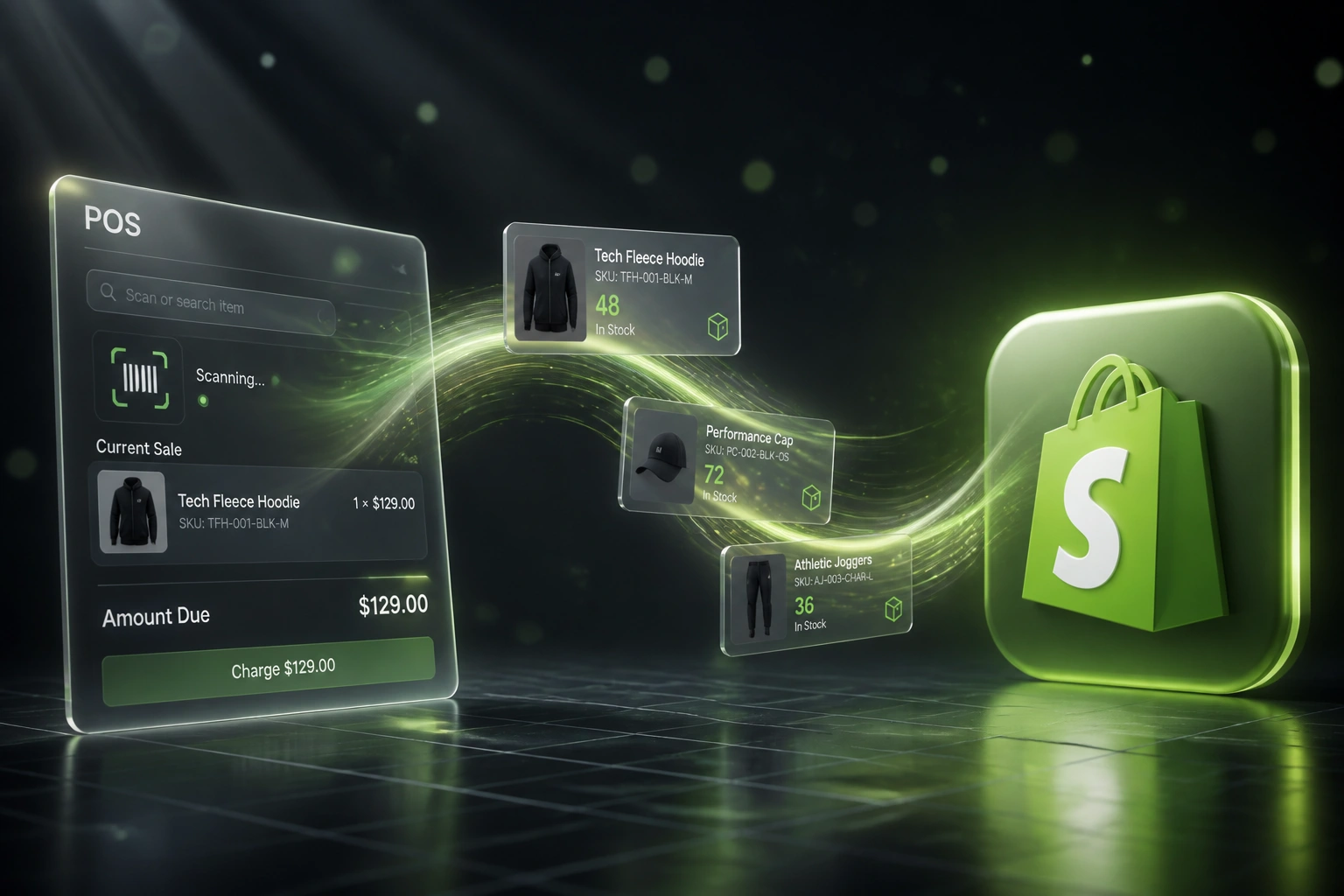 A Shopify POS till panel and the Shopify bag logo connected by a ribbon of inventory SKU cards, illustrating real-time omnichannel stock sync