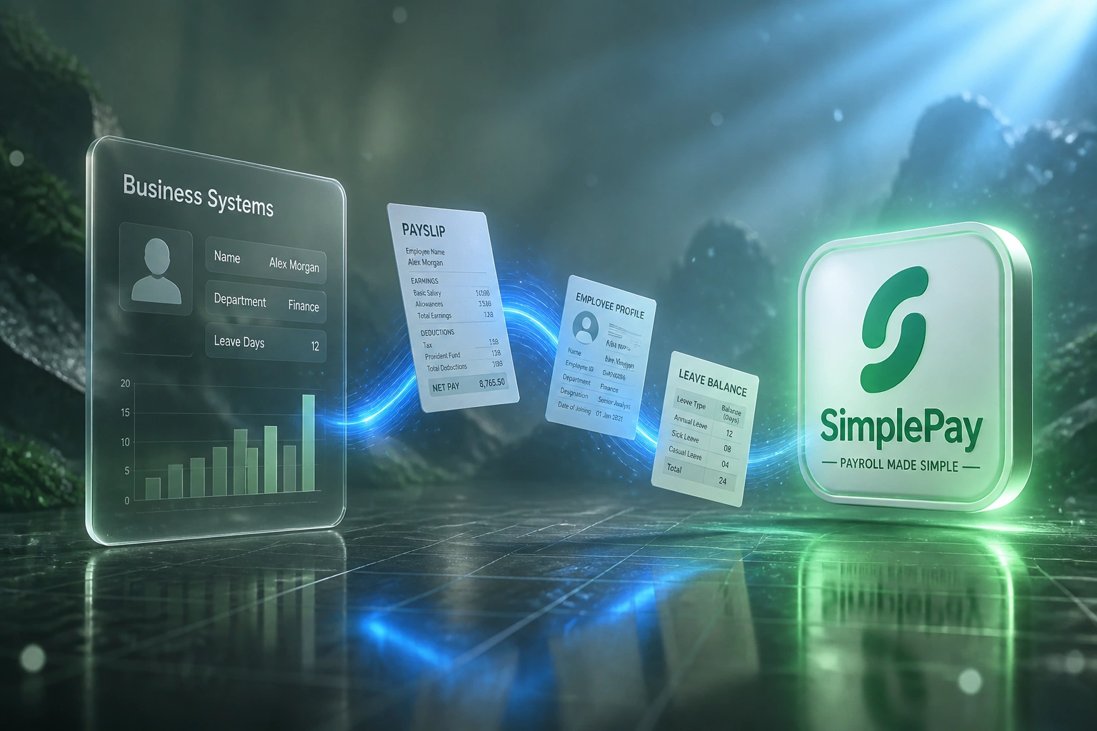 A glass Business Systems panel and the SimplePay logo connected by an electric-blue ribbon of payslips, employee profiles, and leave balances, illustrating SimplePay API integration