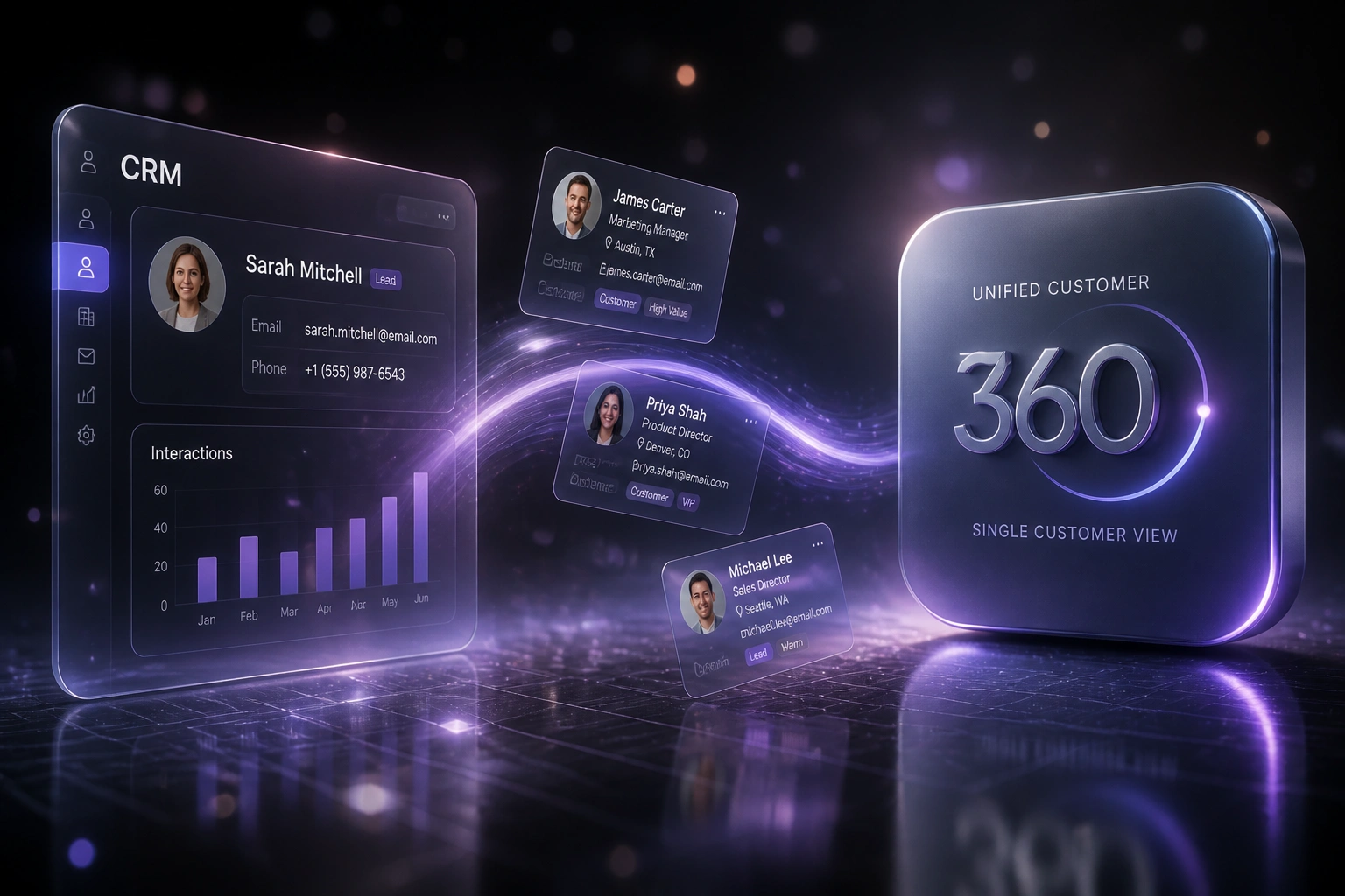 A glass CRM panel and a glossy 360 customer view badge linked by contact cards on a violet ribbon, illustrating a single customer view across systems