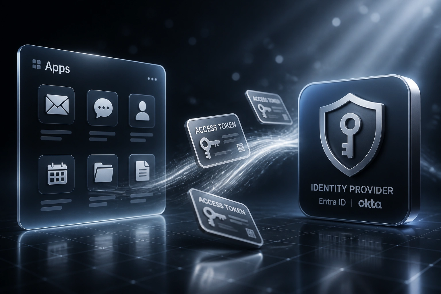 Glass Apps panel and a silver identity-provider badge linked by access tokens on a midnight indigo backdrop, illustrating single sign-on