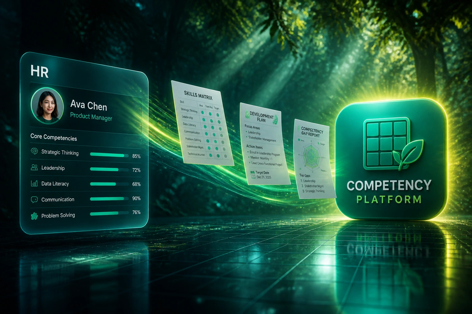 An HR employee profile panel and a Competency Platform badge linked by a teal ribbon carrying skills matrix and development plan documents