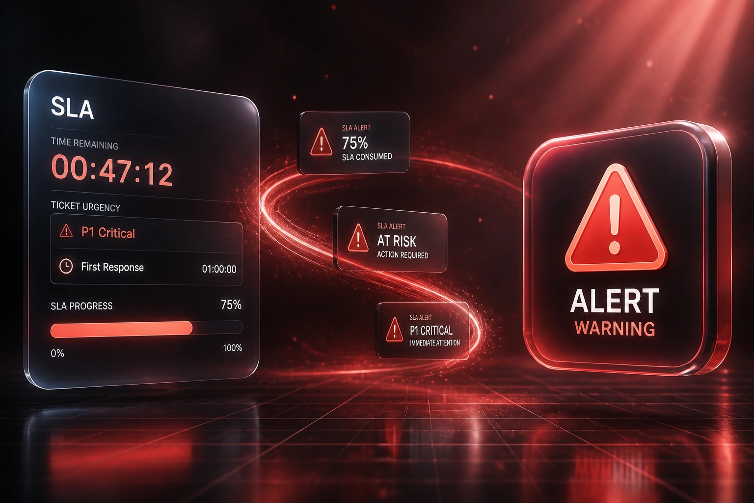 A floating SLA countdown panel and a glowing Alert Warning badge linked by mid-flight breach notification cards on a charcoal crimson backdrop