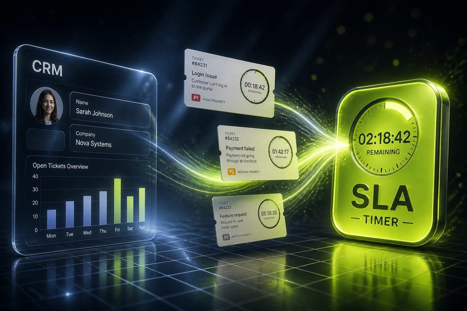 A glass CRM panel and a glowing electric lime SLA timer connected by a ribbon of light carrying support ticket countdown cards