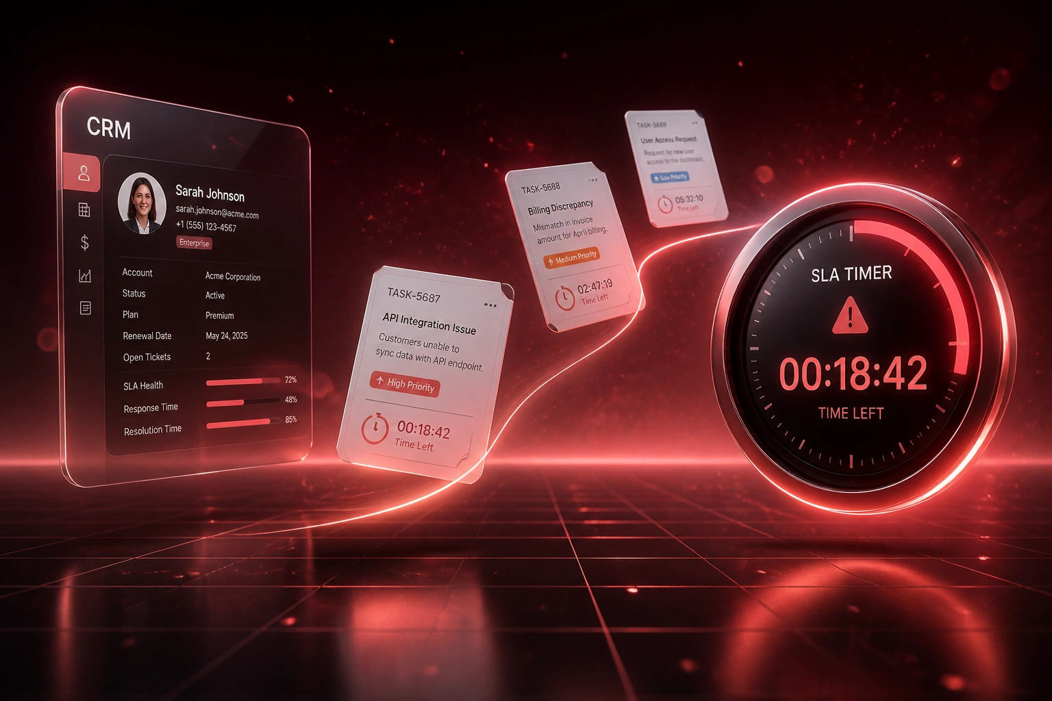 A glass CRM panel and glowing SLA timer connected by task tickets on a coral-red ribbon, illustrating internal SLA tracking with countdown alerts