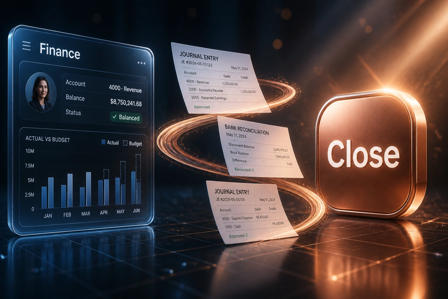 A glass Finance panel and a copper Close badge connected by journal entries and reconciliations on a copper ribbon, illustrating automated month-end close
