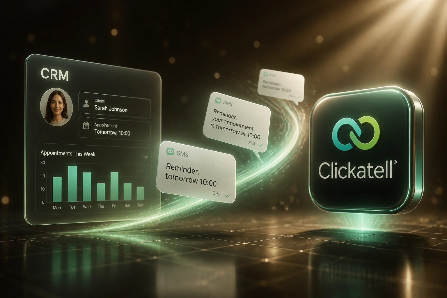 A glass CRM panel and a glossy Clickatell badge linked by a mint ribbon of SMS appointment reminder cards, illustrating automated no-show reduction