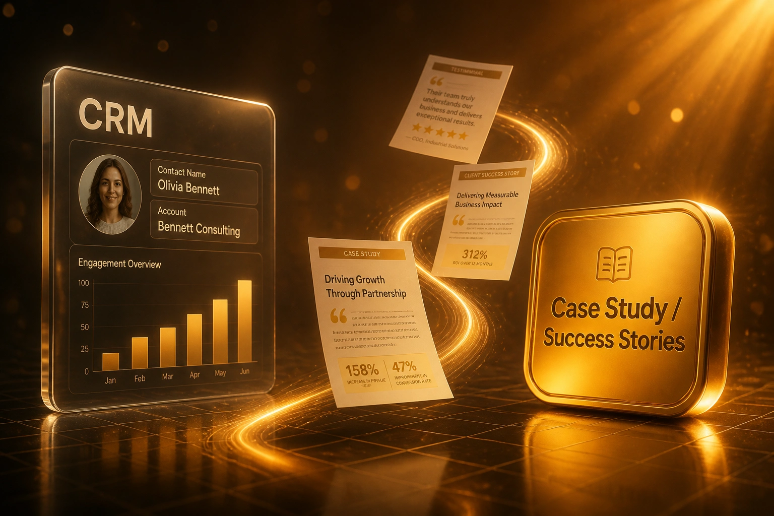 A glass CRM panel and a gold Case Study badge linked by floating success-story documents on a warm amber ribbon of light