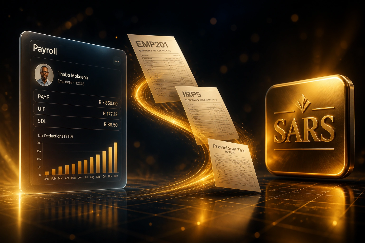 A Payroll glass panel and an amber SARS compliance badge connected by EMP201, IRP5, and provisional tax documents on a ribbon of light