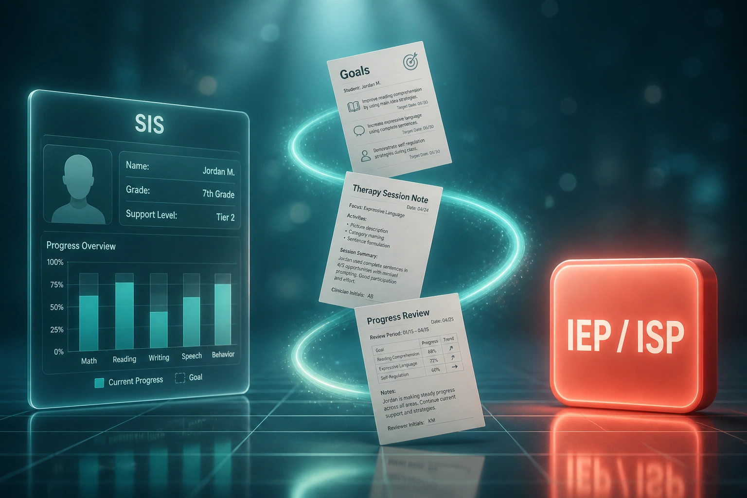 Glass SIS learner panel linked by a teal ribbon of goal sheets, therapy notes, and progress reviews to a glossy coral IEP / ISP badge over a dark reflective floor