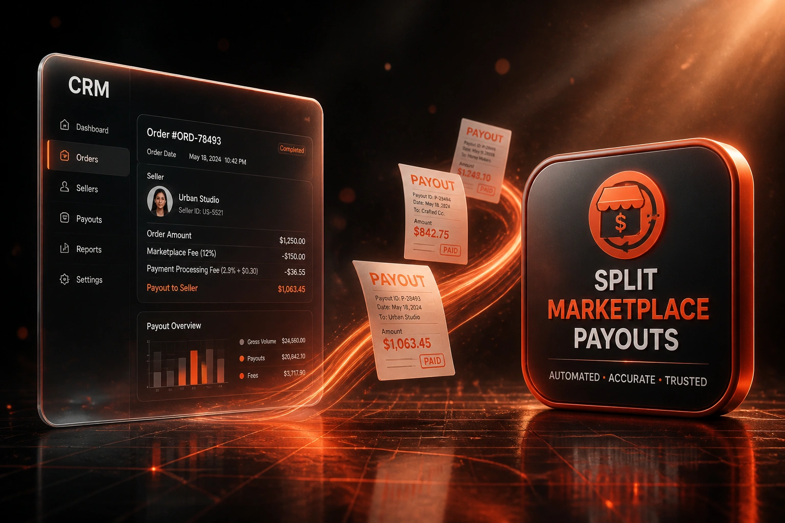 A CRM marketplace panel and a split-payments badge connected by a ribbon of payout remittances, illustrating automated platform fee and seller payout splits