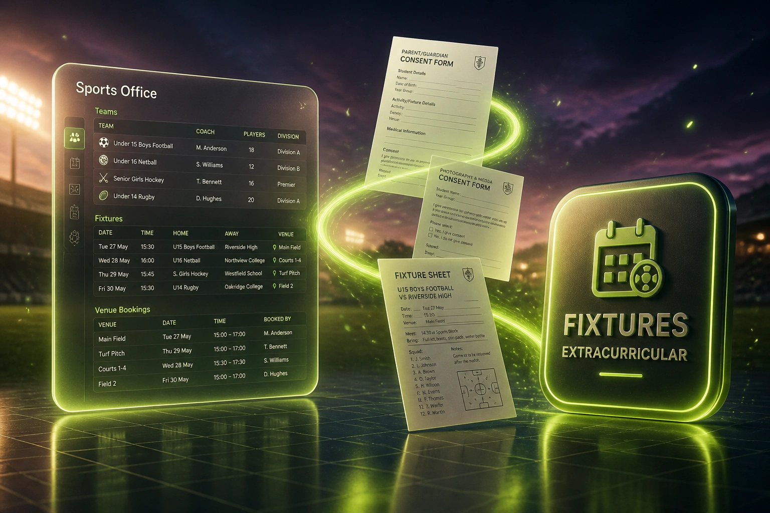 A glass Sports Office panel with team and fixture rows linked by an electric-lime ribbon of consent forms to a glossy Fixtures Extracurricular badge over dusk stadium turf