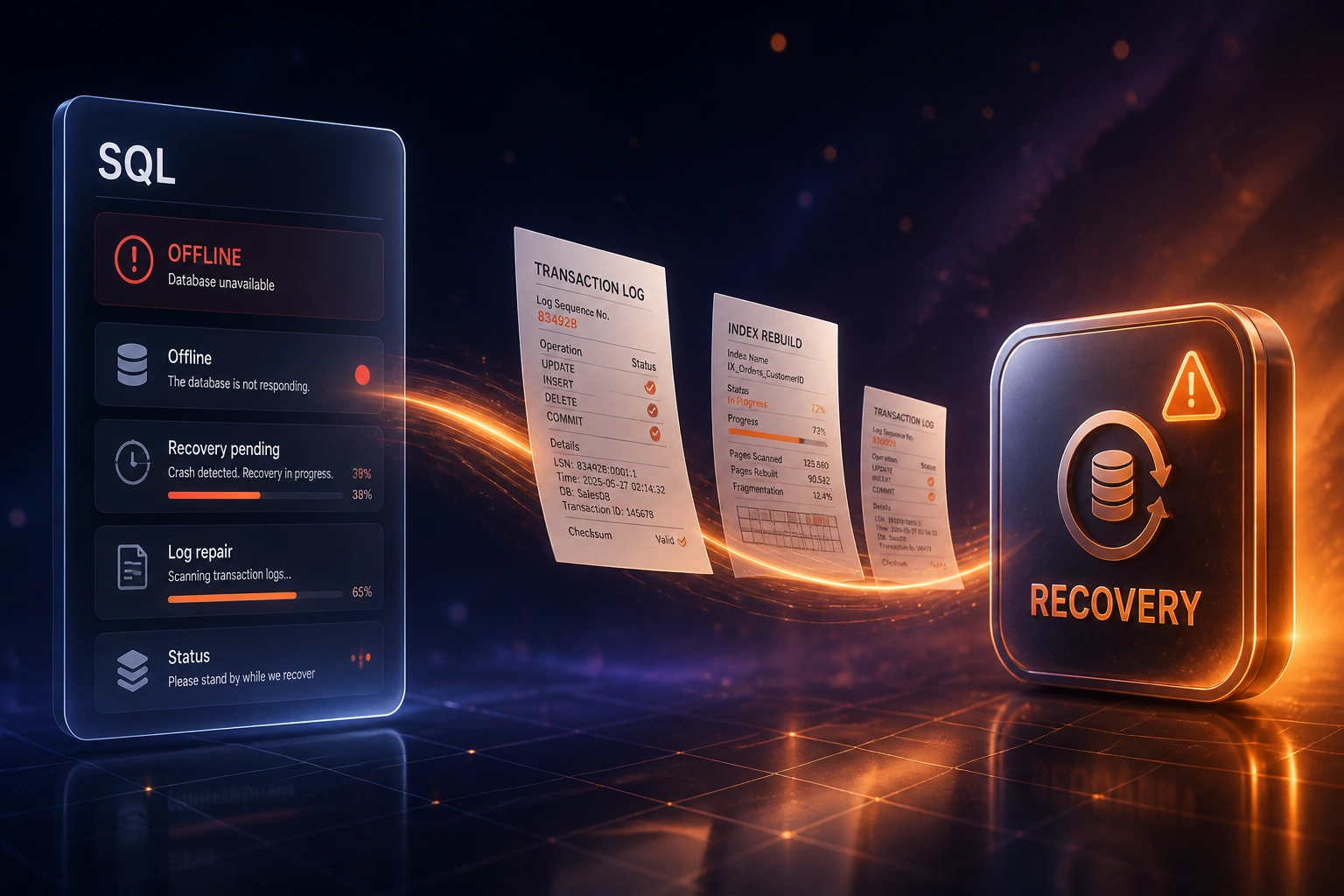 A glass SQL panel showing offline crash status connected by transaction-log and index-rebuild documents to a Recovery badge on a midnight indigo scene with warning orange light