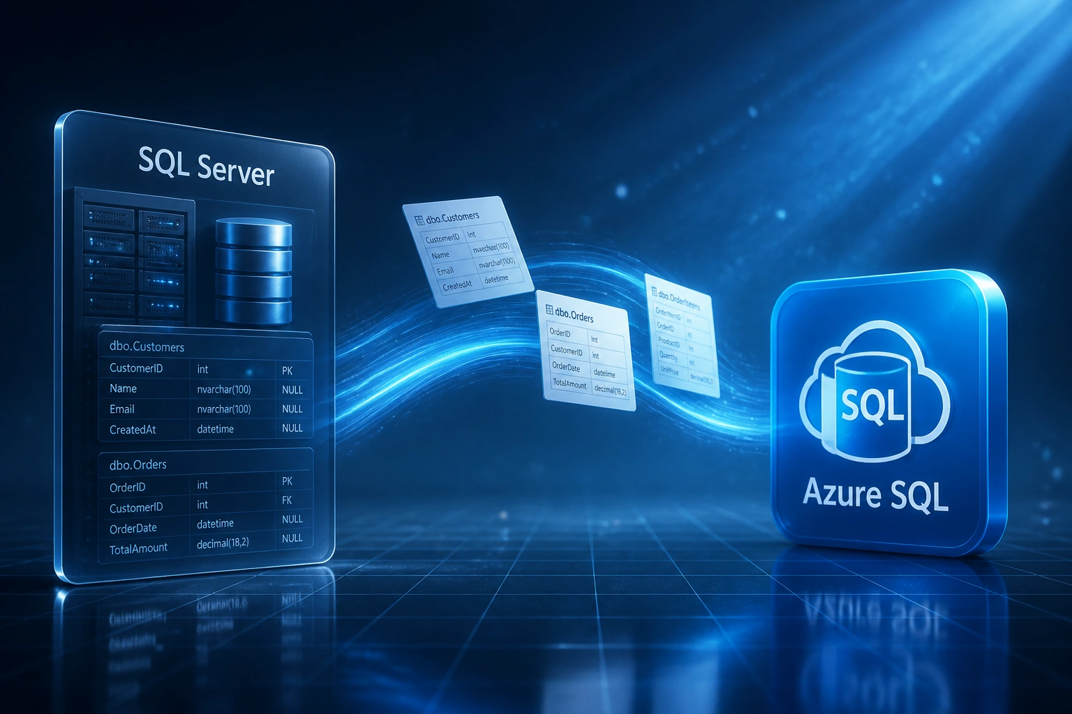 A SQL Server on-prem panel and an Azure SQL badge connected by a flowing stream of schema documents, illustrating SQL Server to cloud migration