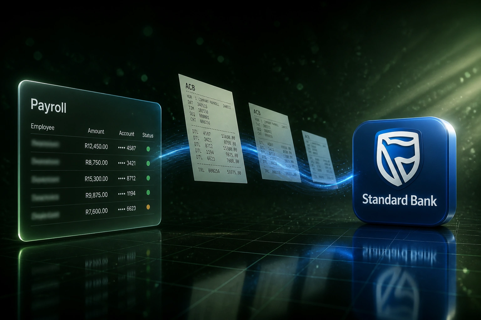 A Payroll glass panel and the Standard Bank logo linked by a blue ribbon of ACB file documents across a near-black forest scene
