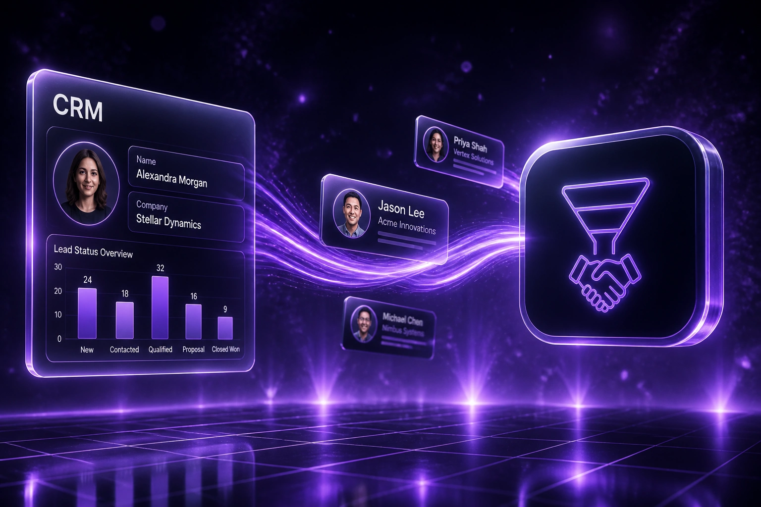 A glass CRM panel sending lead contact cards along a violet ribbon to a sales handoff badge, illustrating automated marketing-to-sales lead handoff