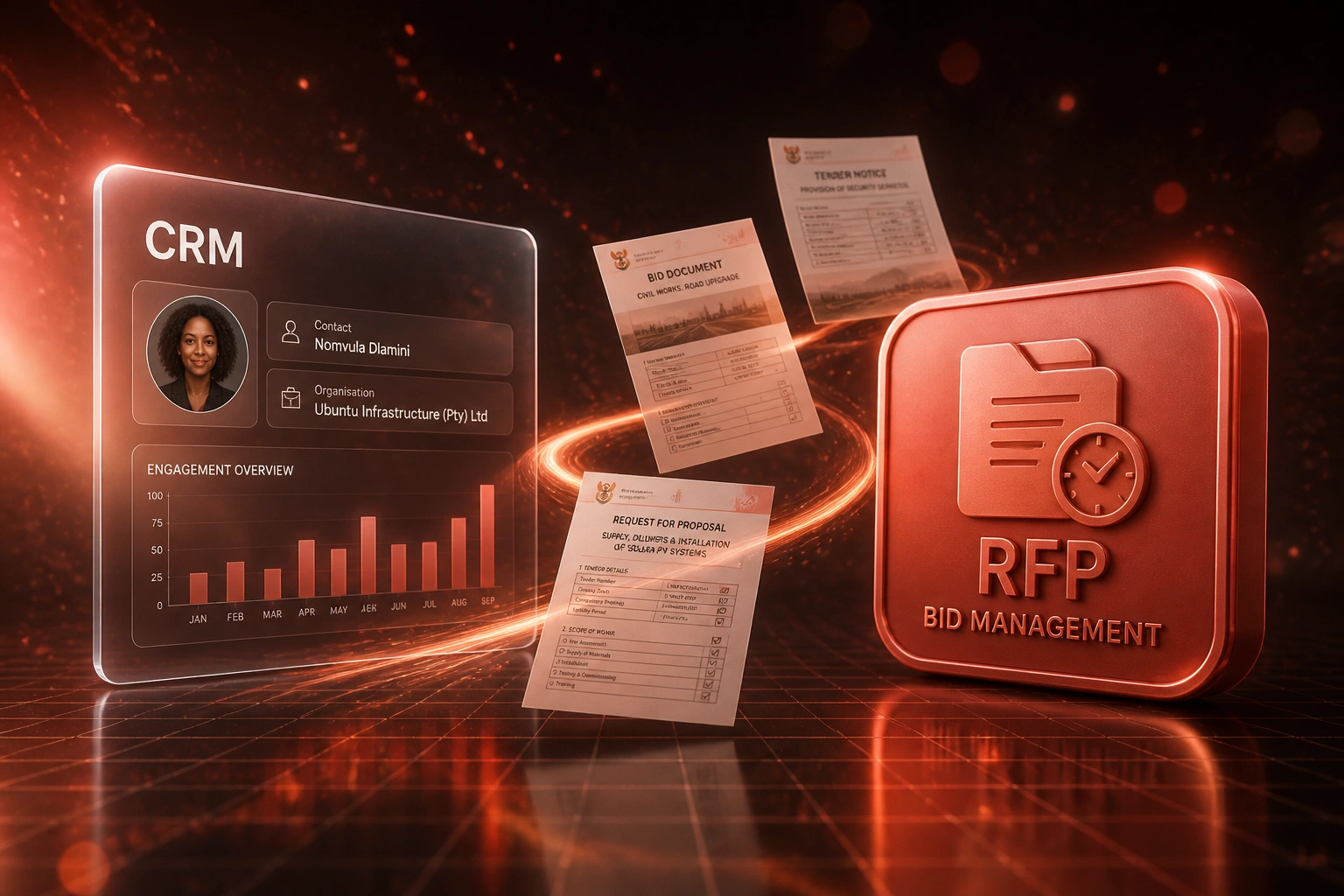 A glass CRM panel and terracotta RFP bid management badge connected by a ribbon of tender documents over a reflective espresso-black floor