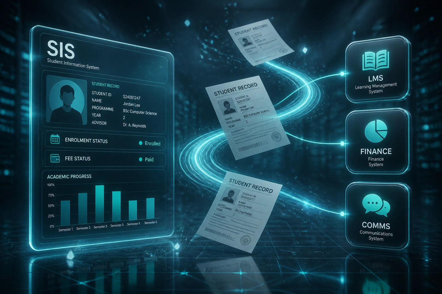 A glass SIS hub panel connected by a teal data ribbon to LMS, Finance, and Comms badges, with student-record documents in flight
