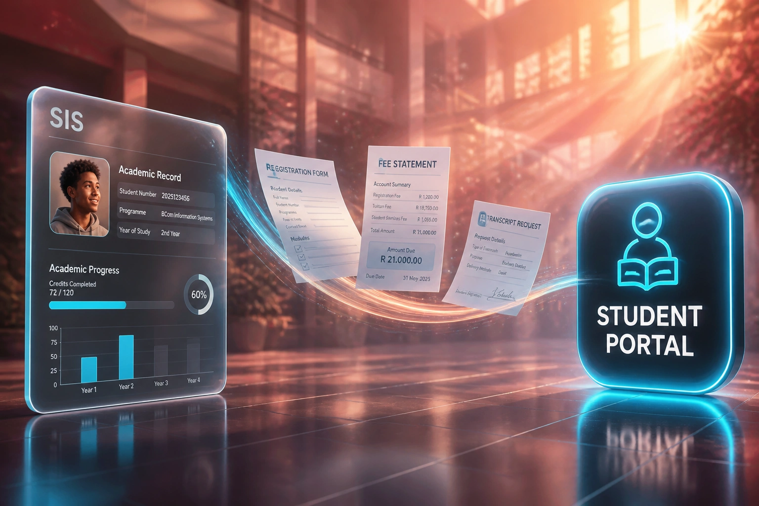 A glass SIS panel with student record fields and a glossy Student Portal badge linked by a cyan ribbon carrying registration, fee statement, and transcript documents over a dawn rose-peach campus atrium