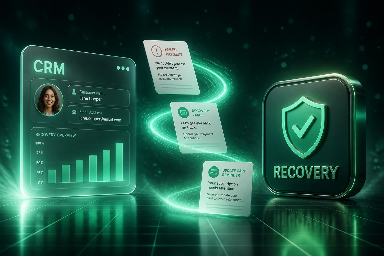 A CRM panel and mint recovery badge linked by a teal ribbon of failed-payment notices and recovery emails, illustrating automated subscription dunning