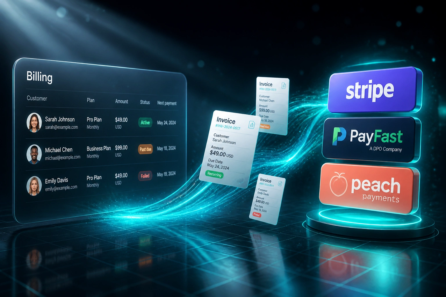 A glass Billing panel showing subscription statuses linked by a teal ribbon of invoices to Stripe, PayFast, and Peach Payments badges on a deep navy floor