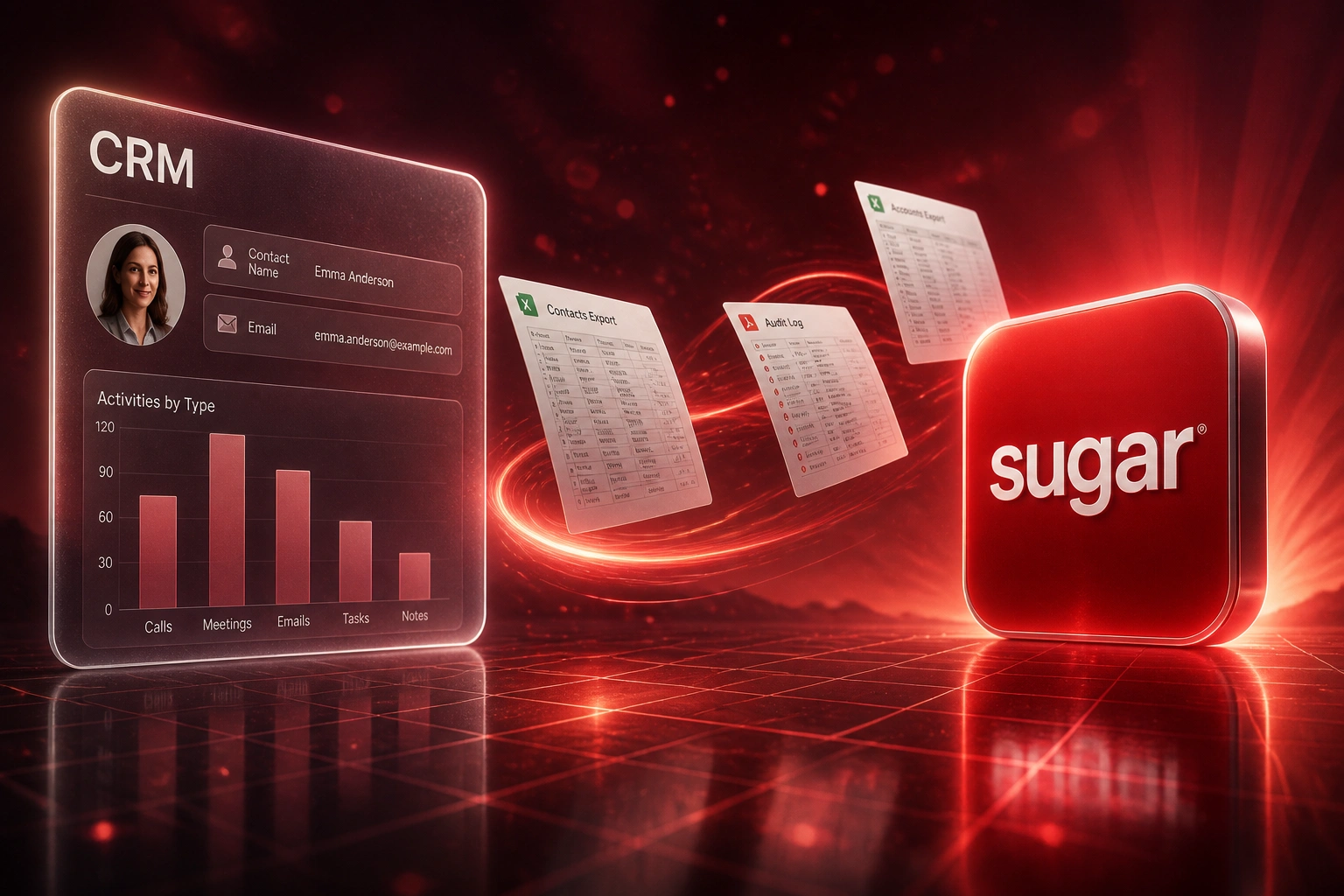 A glass CRM panel and the SugarCRM logo linked by a crimson ribbon of export documents and audit logs, illustrating complete Sugar data extraction