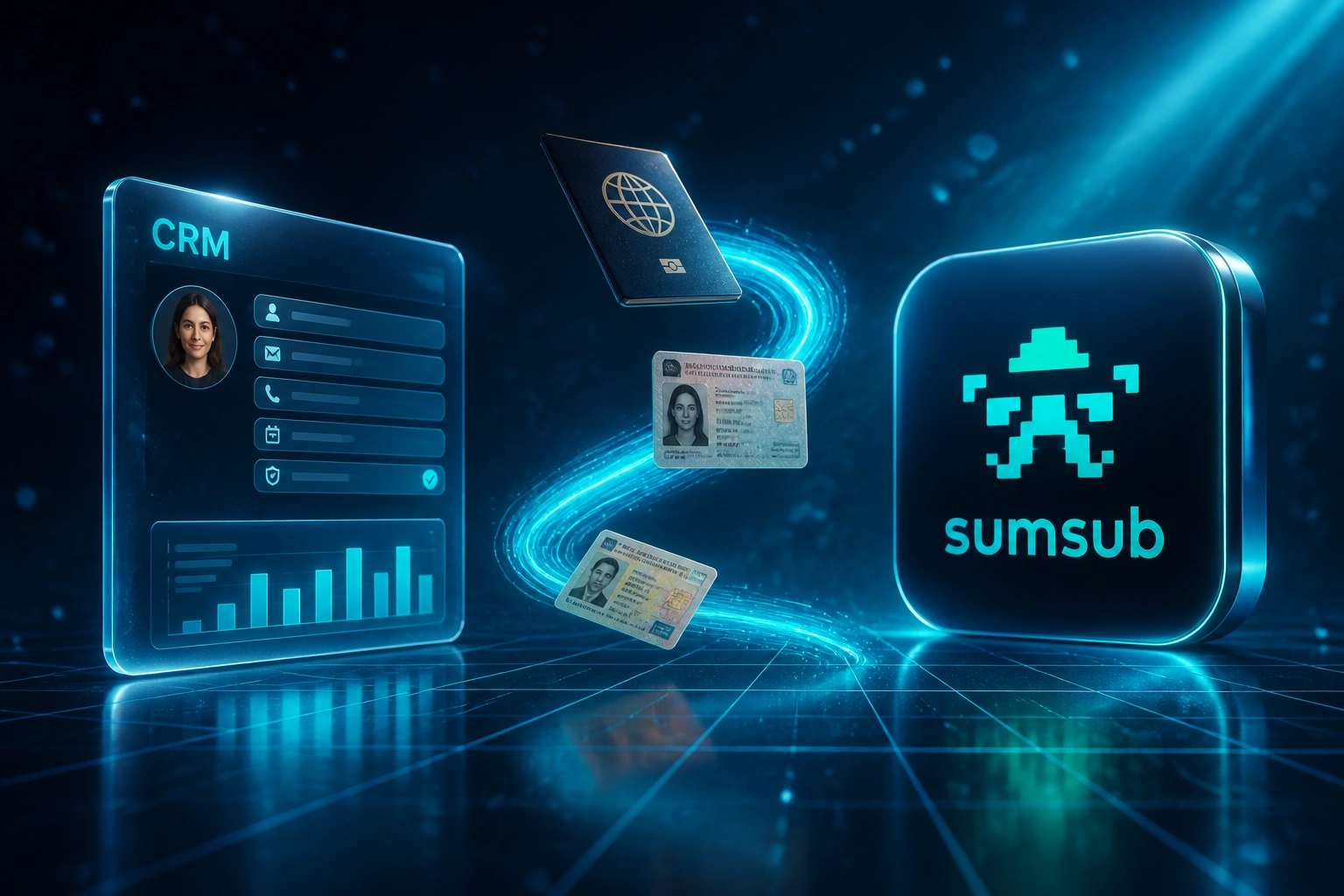 A CRM record and the Sumsub logo connected by a flowing ribbon of passports and ID documents, illustrating a global identity verification integration