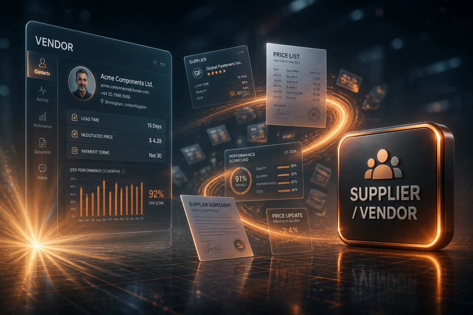 A glass VENDOR contacts panel and a copper SUPPLIER badge linked by price lists and OTIF scorecards on a deep slate steel floor grid