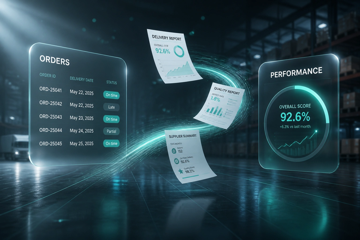 A glass ORDERS panel and a PERFORMANCE gauge connected by delivery and quality reports on a teal light ribbon in a cool slate warehouse