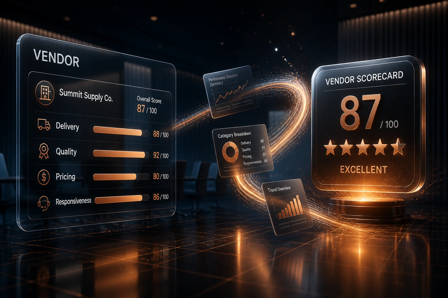 A glass VENDOR panel with weighted criteria scores connected by a copper ribbon of scorecard reports to a glossy vendor rating badge