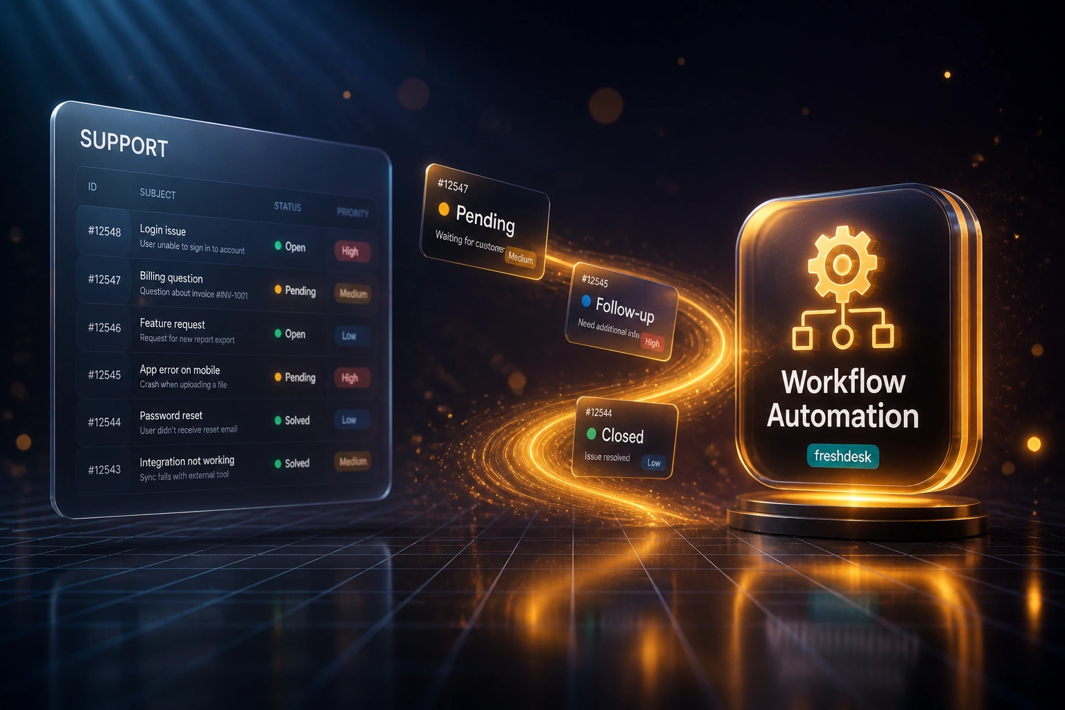 A SUPPORT ticket panel and a Workflow Automation badge connected by amber light carrying Pending, Follow-up, and Closed status cards