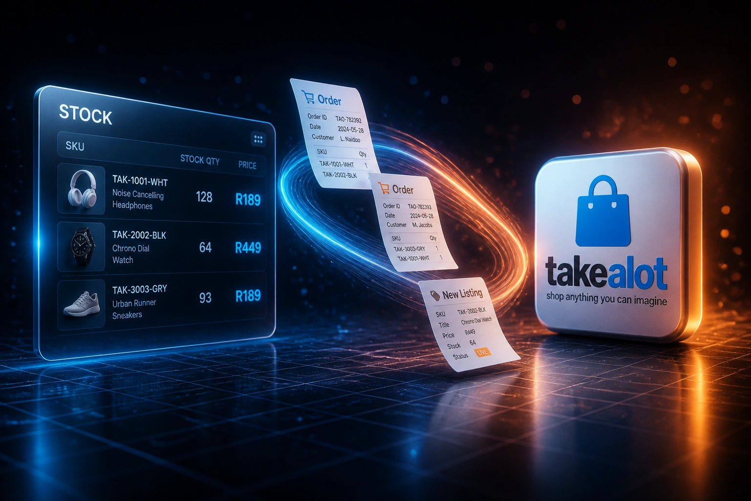 A STOCK panel and the Takealot logo connected by a flowing ribbon of order and listing documents, illustrating automated marketplace integration