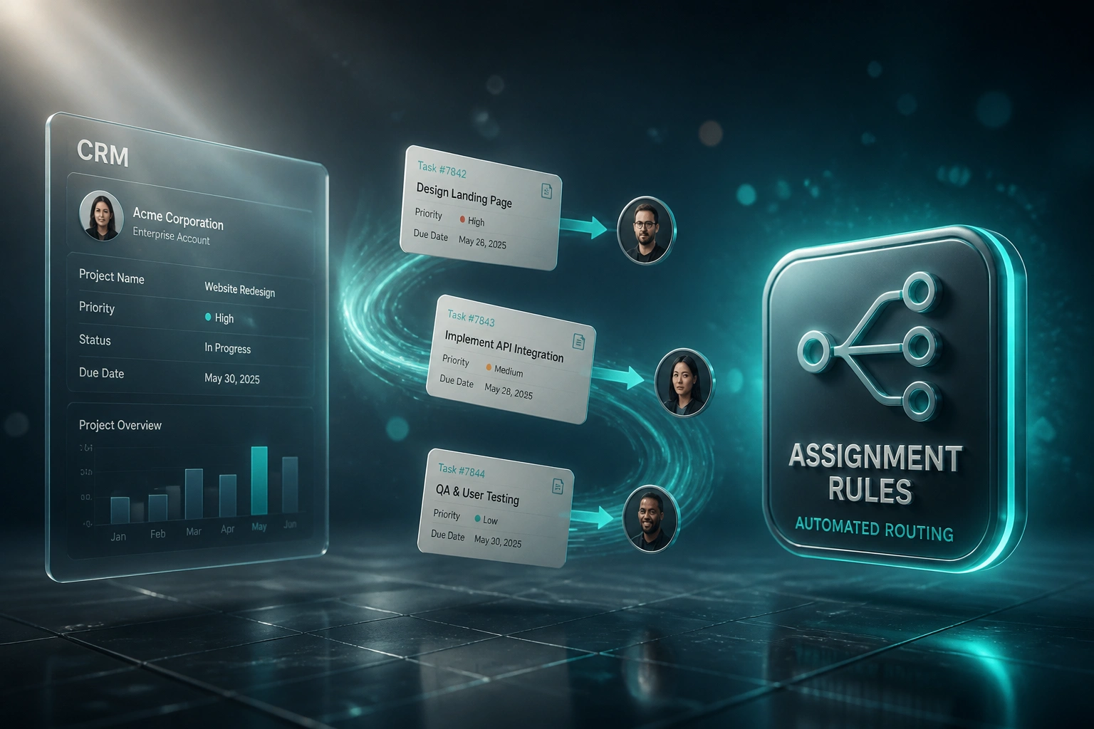 A CRM projects glass panel and an Assignment Rules badge connected by a teal ribbon of task tickets flying to different people, illustrating automatic task routing