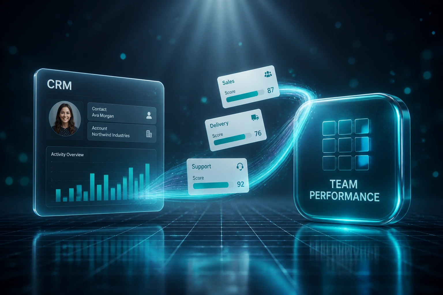 A glass CRM panel and a glossy team performance dashboard badge linked by a teal ribbon of sales, delivery, and support scorecards
