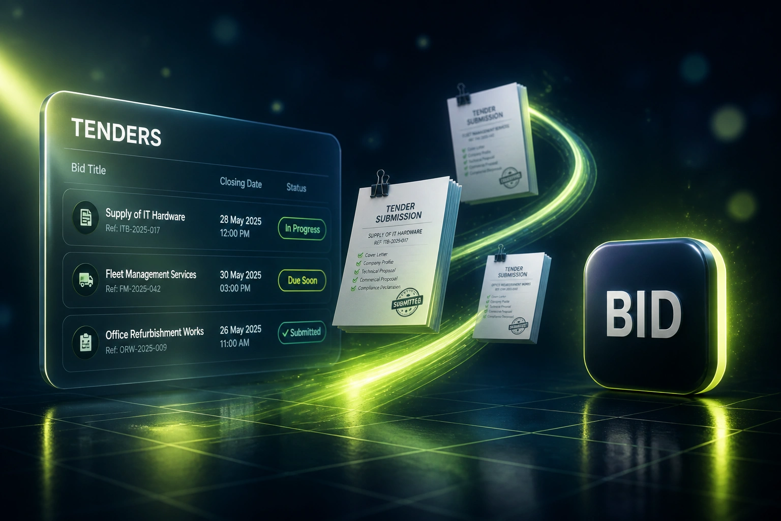 A glass TENDERS pipeline panel and a glossy BID badge linked by a lime ribbon of submission documents, illustrating organised tender management and bid tracking
