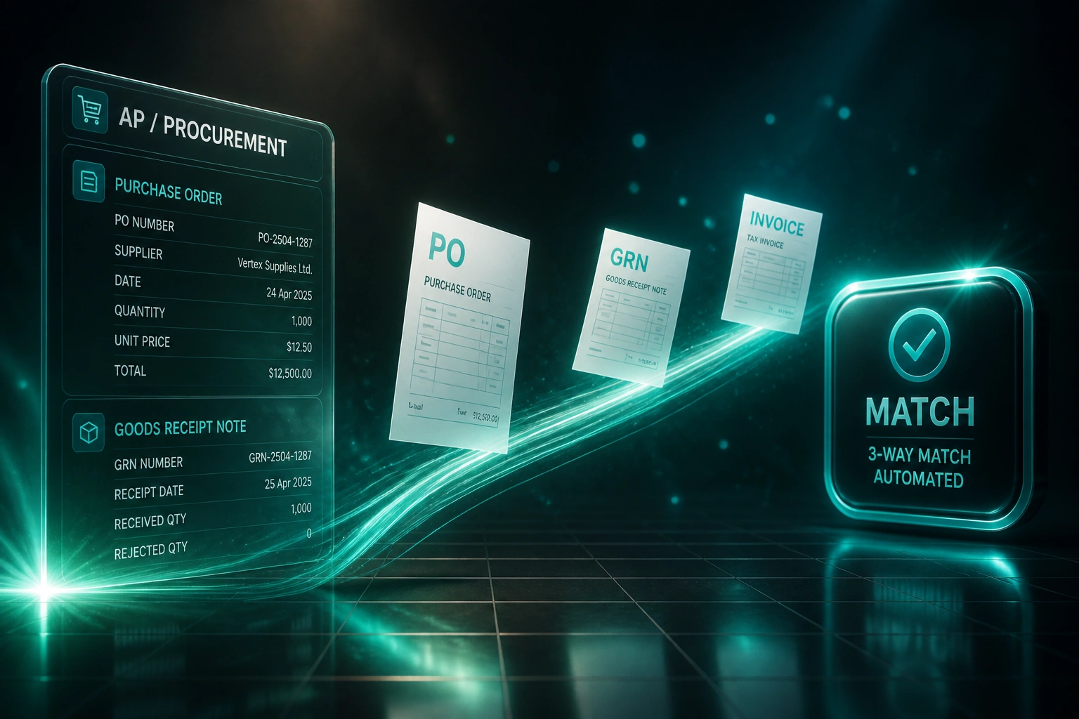 A glass AP procurement panel and a teal MATCH badge linked by PO, GRN, and invoice documents on a warm charcoal floor grid