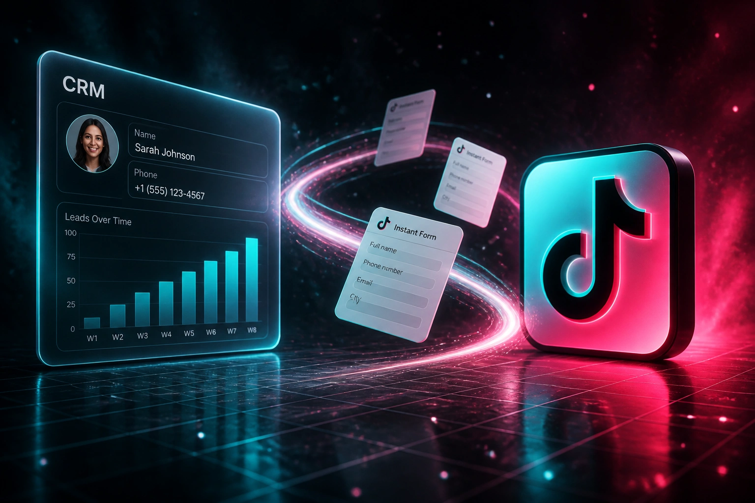 A TikTok logo badge and a glass CRM panel connected by Instant Form lead cards on a glowing ribbon, illustrating real-time TikTok Lead Ads CRM sync