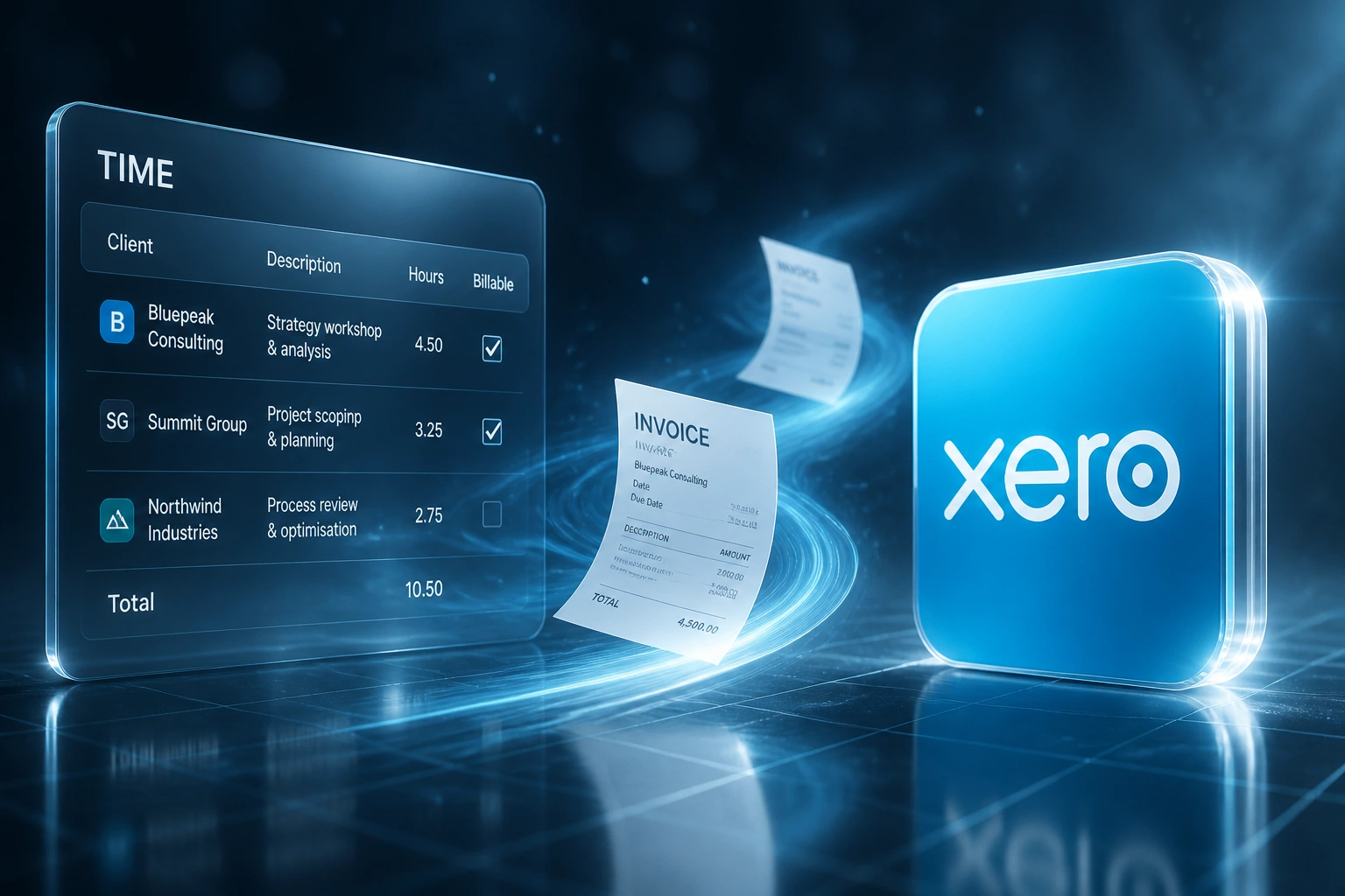 A glass TIME timesheet panel and the Xero logo connected by a cyan ribbon of invoices, illustrating automated time-to-invoice with Xero