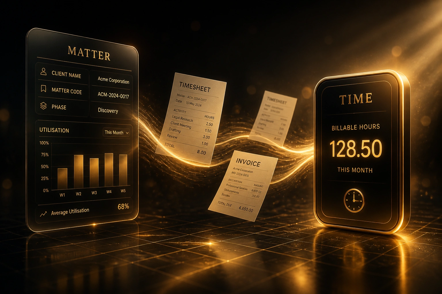 A glass MATTER panel with client and matter fields linked by a gold ribbon of timesheets and invoices to a glossy TIME billable hours badge