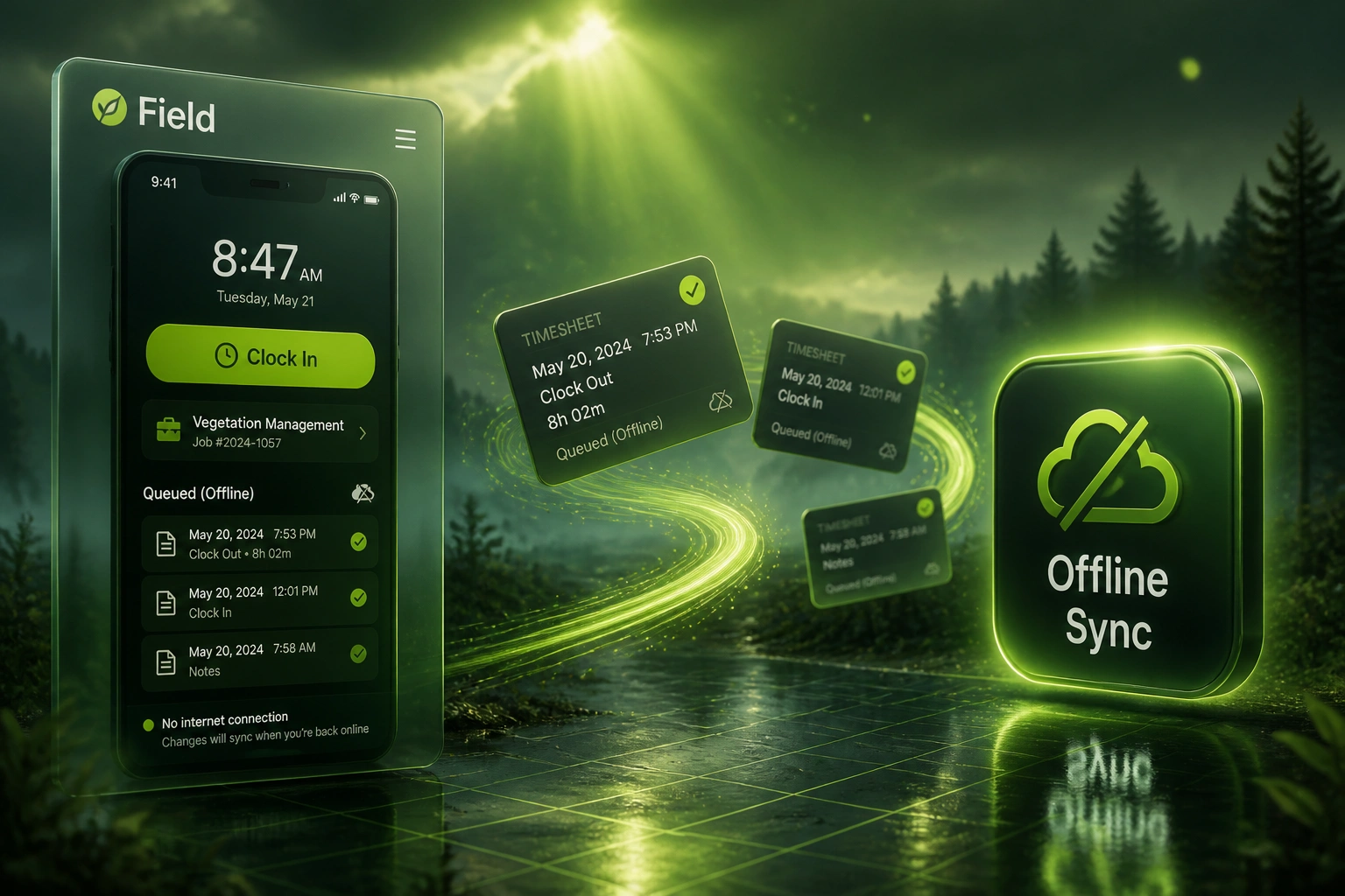 A glass Field panel with a mobile clock UI and a glossy Offline Sync badge linked by a lime ribbon of queued timesheet cards