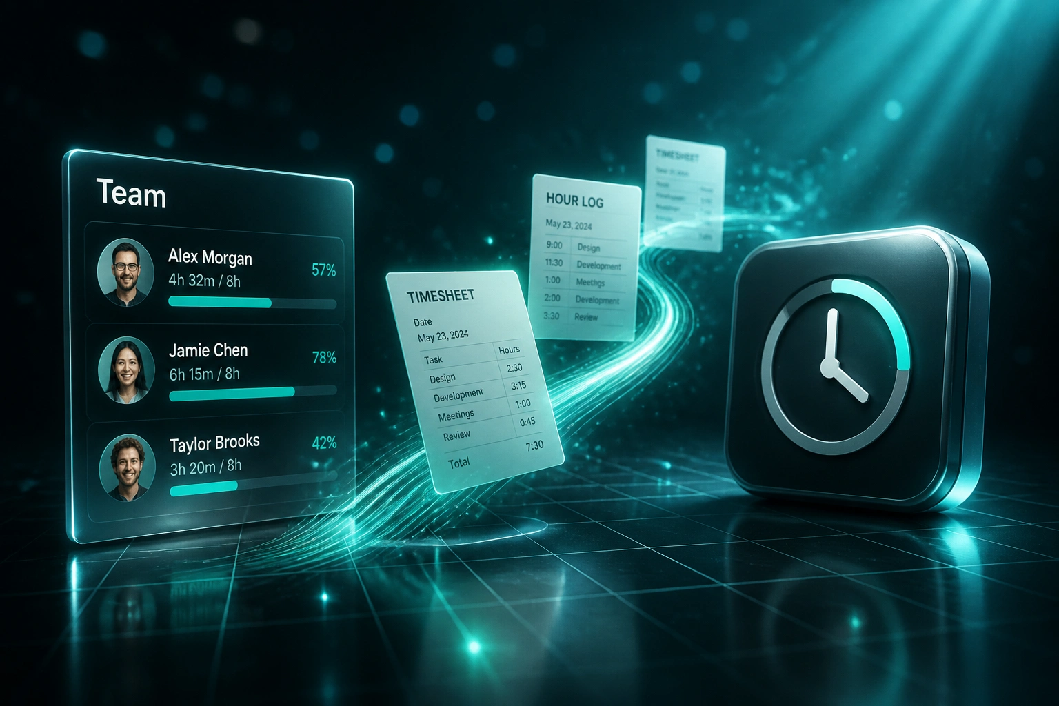 A Team glass panel with avatar rows and hour bars linked by a teal ribbon of timesheets to a glossy time tracking system badge, illustrating team-wide hour capture