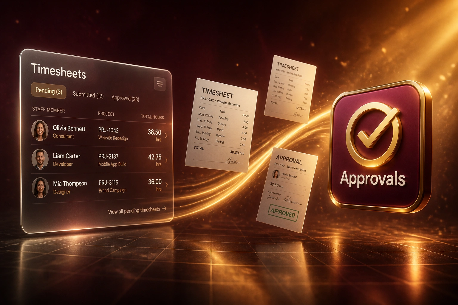 A glass Timesheets panel and a glossy Approvals badge linked by a gold ribbon of timesheet documents, illustrating an automated timesheet approval workflow