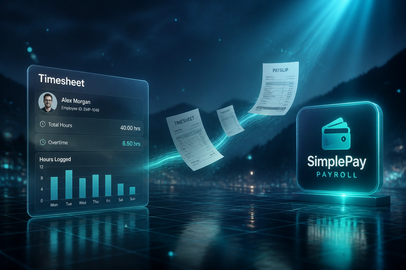 A glass Timesheet panel and a glossy SimplePay Payroll badge connected by a teal ribbon of timesheets and payslips, illustrating automated timesheet-to-payroll sync