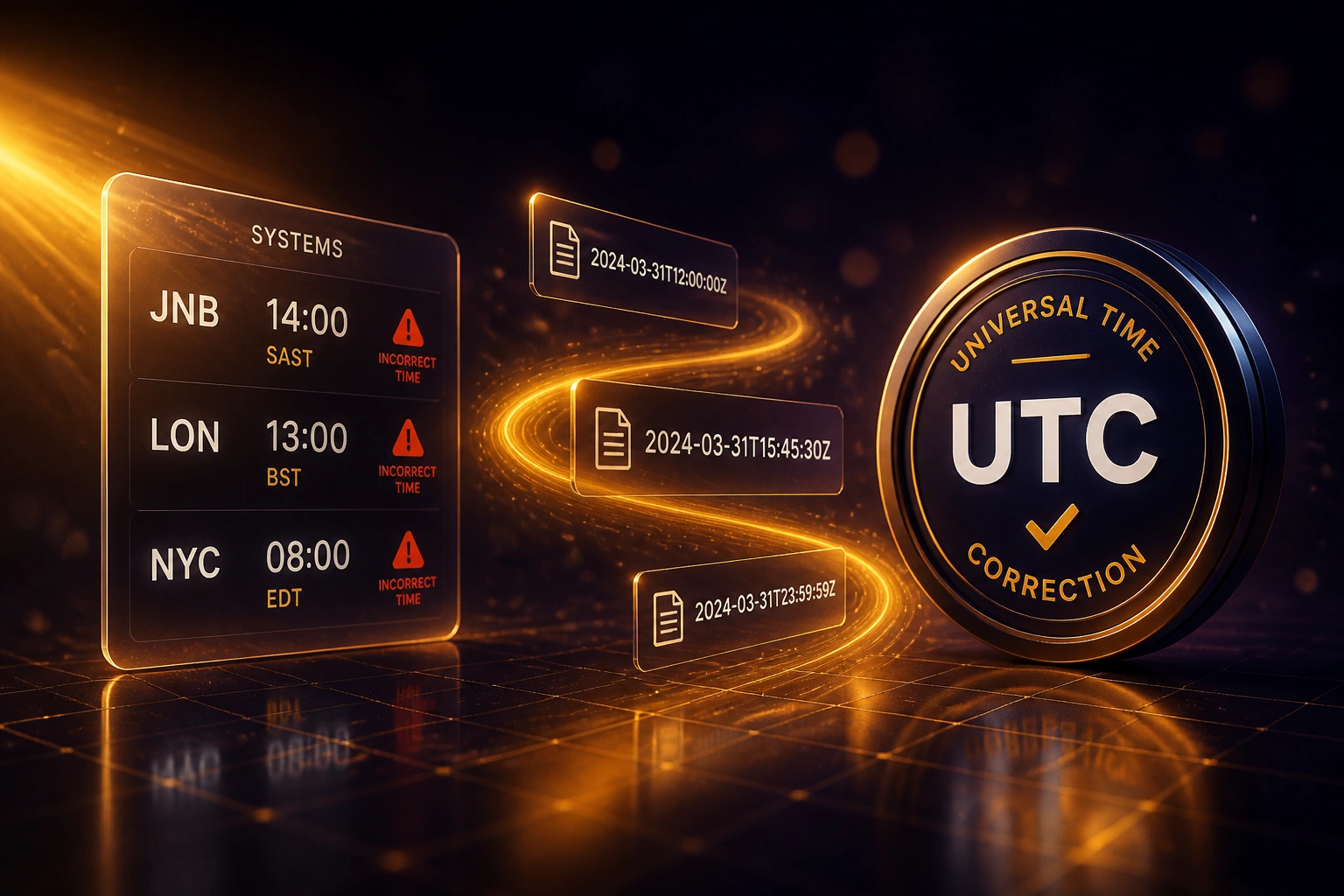 Glass SYSTEMS panel showing wrong local timestamps in Johannesburg, London, and New York linked by an amber ribbon of UTC stamps to a glossy UTC Correction seal